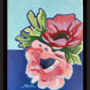Peinture encadrée de deux anémones aux couleurs roses sur fonds bleus, réalisée à l'huile, par Meryl