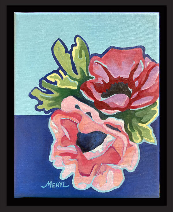 Peinture encadrée de deux anémones aux couleurs roses sur fonds bleus, réalisée à l'huile, par Meryl