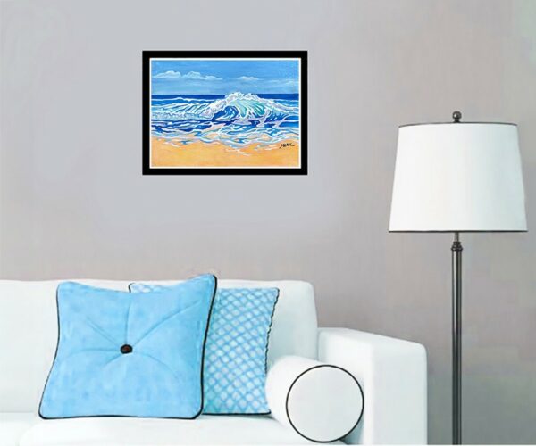 La vague - In situ Mise en situation au dessus d'un petit canapé de la peinture La vague, collection petits formats, par Meryl