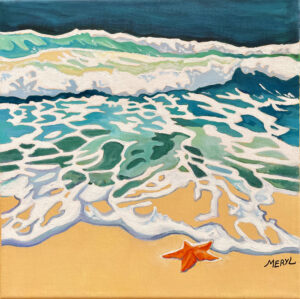 Peinture marine contemporaine sur toile représentant l'écume des vagues turquoise et une étoile de mer orange sur le sable, signée Meryl.
