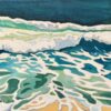 Gros plan sur le mouvement de l'écume blanche et les nuances de bleu turquoise peintes sur toile, tableau de Meryl