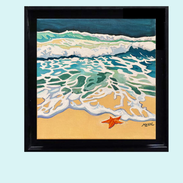 Tableau d'étoile de mer et vagues marines présenté dans un cadre d'exposition élégant.