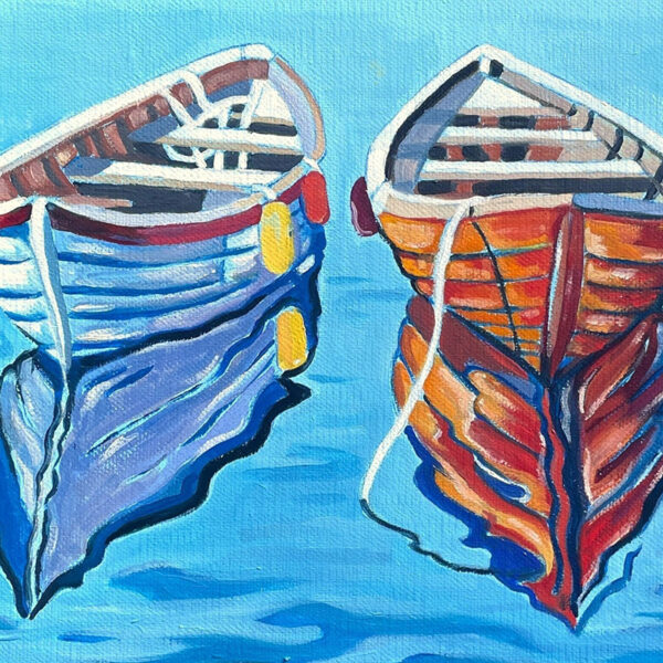 L'instant suspendu - Détail Détail de la peinture "L'instant suspendu", huile sur toile, barques sur la mer - petit format