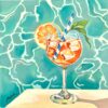 Dolce Vita Peinture originale contemporaine représentant un cocktail aux agrumes posé devant une piscine turquoise, œuvre à l’huile intitulée Dolce Vita réalisée par Meryl artiste peintre.