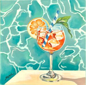 Peinture originale contemporaine représentant un cocktail aux agrumes posé devant une piscine turquoise, œuvre à l’huile intitulée Dolce Vita réalisée par Meryl artiste peintre.