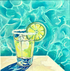 Tableau à l’huile contemporain représentant un verre de citronnade avec une rondelle de citron près d’une piscine aux reflets turquoise. Peinture par Meryl artiste peintre