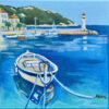 Peinture Escale azuréenne par l'artiste Meryl représentant une barque amarée dans un port méditerranéen avec un phare en arrière-plan
