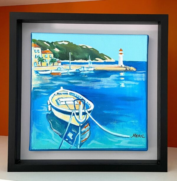 Tableau petit format, barque dans petit port en Méditerranée par l'artiste Meryl présenté dans un cadre américain noir
