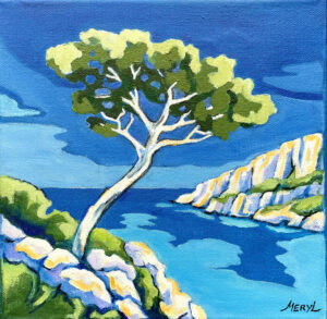 Le Pin de Cassis, peinture originale d'un paysage méditerranéen avec pin, rochers et mer turquoise, par Meryl artiste peintre
