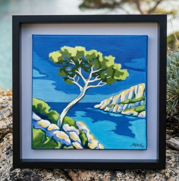 Le pin de Cassis - Encadré Le Pin de Cassis, peinture originale représentant un pin face à la mer, vendu encadré