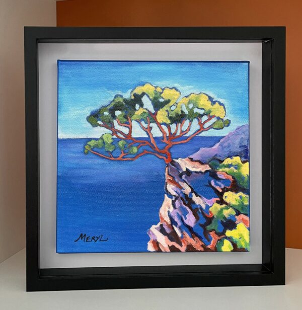 Le pin sur la falaise - Encadré Tableau Le pin sur la falaise par l'artiste Meryl présenté dans un cadre américain noir
