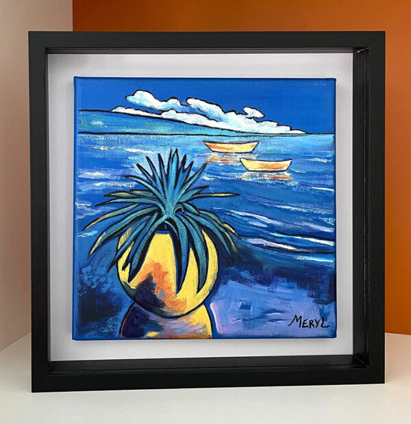 Tableau Or et Azur collection petits formats par l'artiste Méryl présenté dans un cadre américain noir