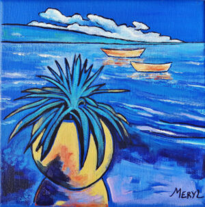Peinture acrylique Or et Azur, petits formats, montrant une agave et des barques sur une mer bleue vibrante