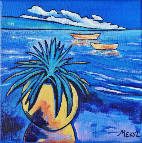 Peinture acrylique Or et Azur, petits formats, montrant une agave et des barques sur une mer bleue vibrante