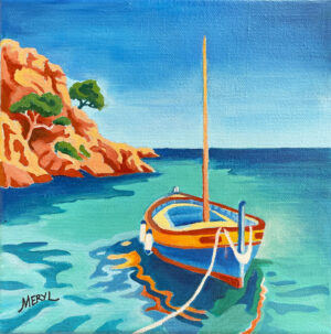 Petit format - Peinture acrylique Sérénité turquoise montrant une barque dans une baie couleur turquoise, par MERYL