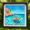 Tableau Sérénité turquoise, barque sur la mer, par l'artiste Meryl présenté dans un cadre américain noir