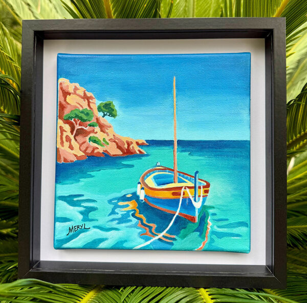 Tableau Sérénité turquoise, barque sur la mer, par l'artiste Meryl présenté dans un cadre américain noir
