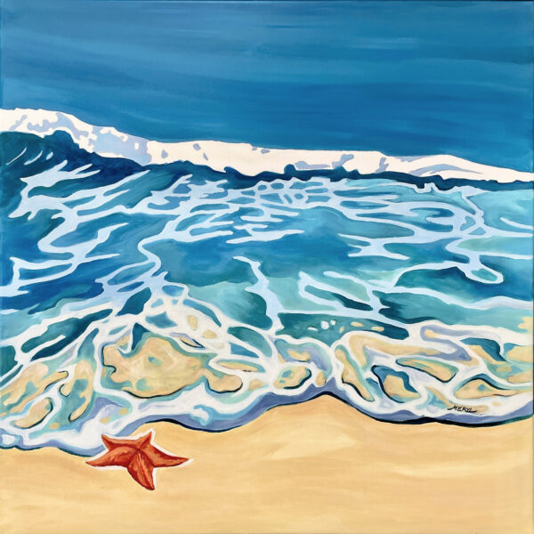 L'appel du large - 3) Après la vague Tableau marin peint à l’acrylique représentant las vague et l'écume sur le sable avec une étoile de mer au premier plan - Réalisé par Meryl