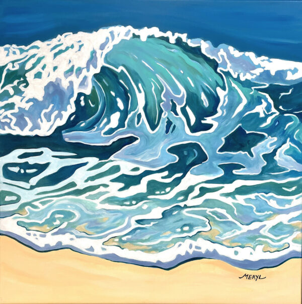 L'appel du large - 2) Déferlante Tableau marin peint à l’acrylique représentant une grande vague turquoise et blanche en mouvement et l'écume sur la plage - Oeuvre de Meryl
