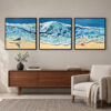 L'appel du large Triptyque marin peint à l' acrylique représentant trois scènes de bord de mer, avec une mouette, une grande vague et une étoile de mer, par Meryl artiste peintre