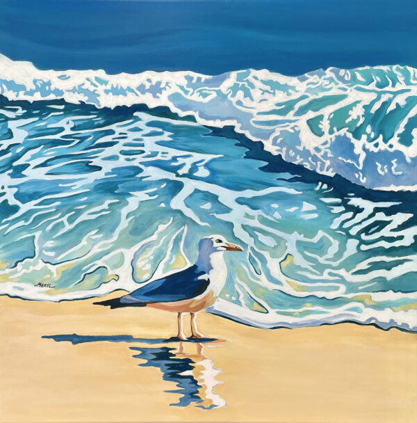 L'appel du large - 1) Le rivage Tableau marin peint à l’acrylique représentant une mouette sur le sable face aux vagues